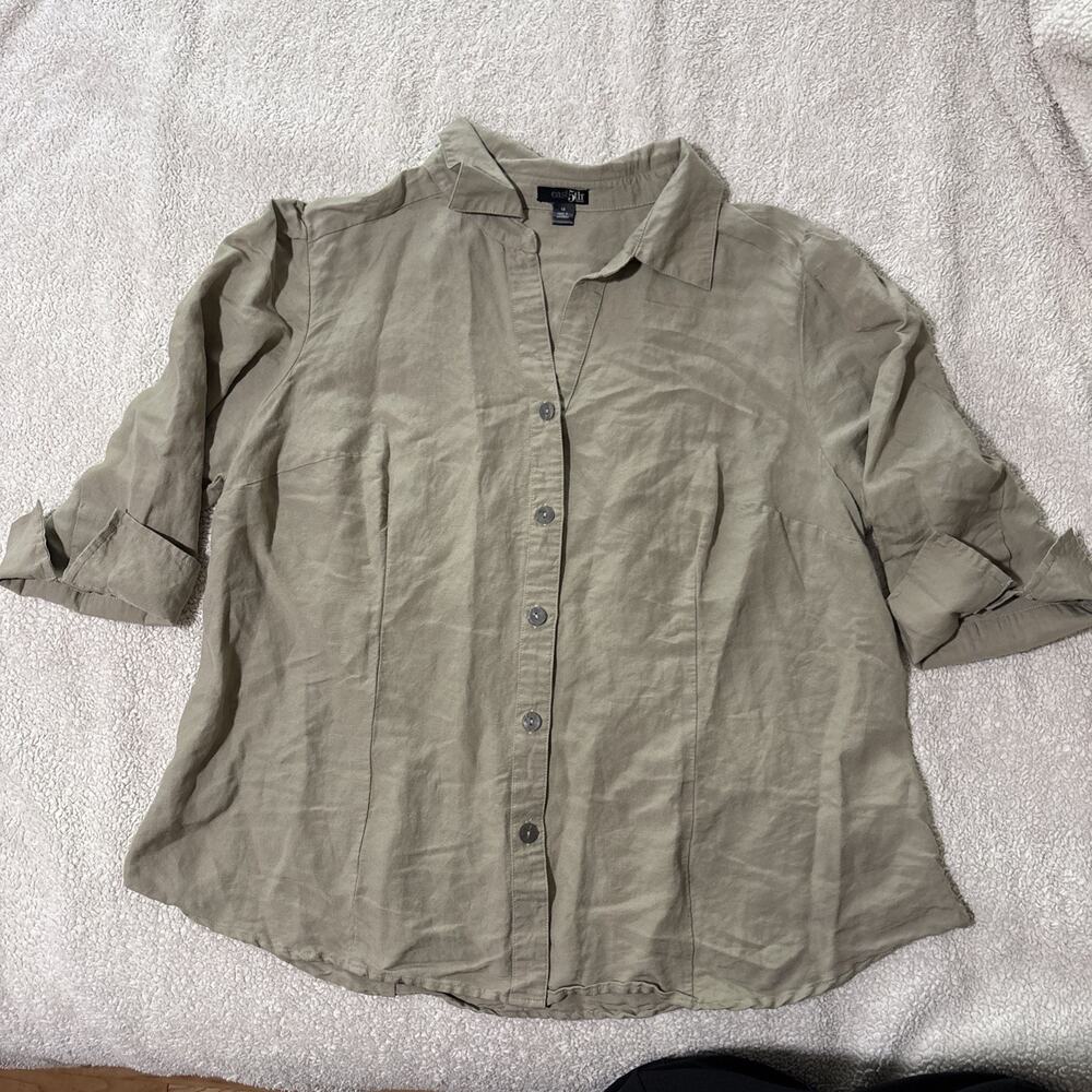 East 5th Roll Cuff 1/2 Sleeve Blouse, 1X, Boho, Peasant, Linen Rayon, EUC